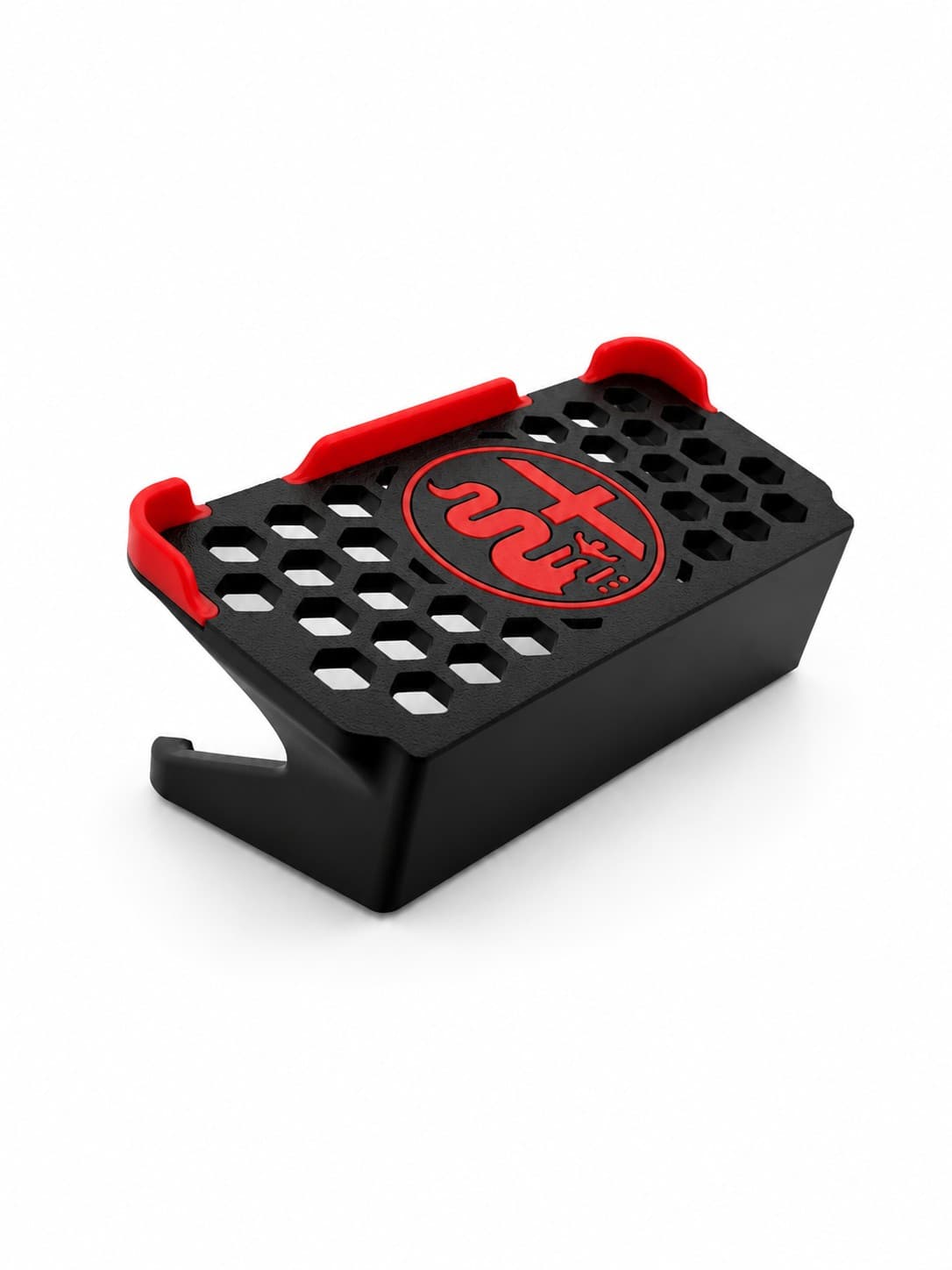 Supporto nero a nido d'ape con logo rosso e ganci