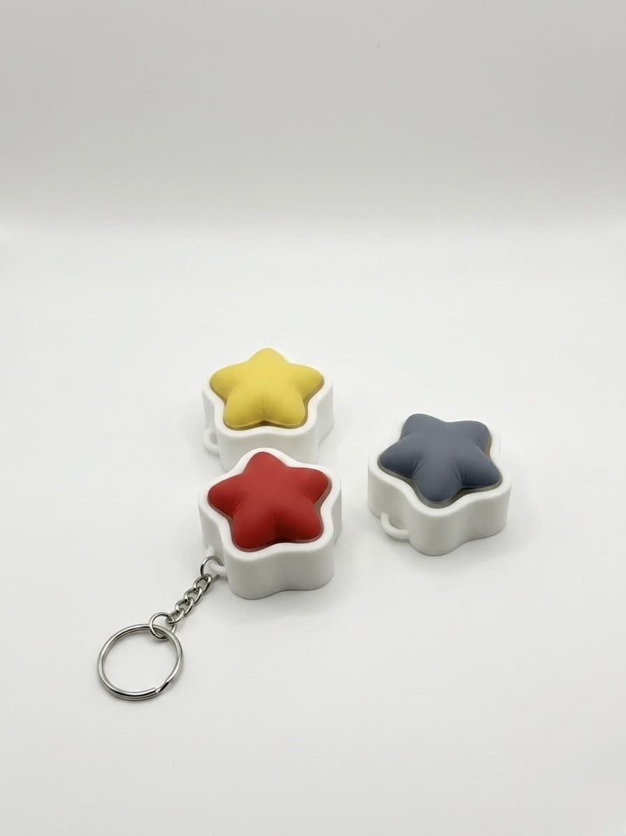 Tre portachiavi stella: giallo, rosso e grigio